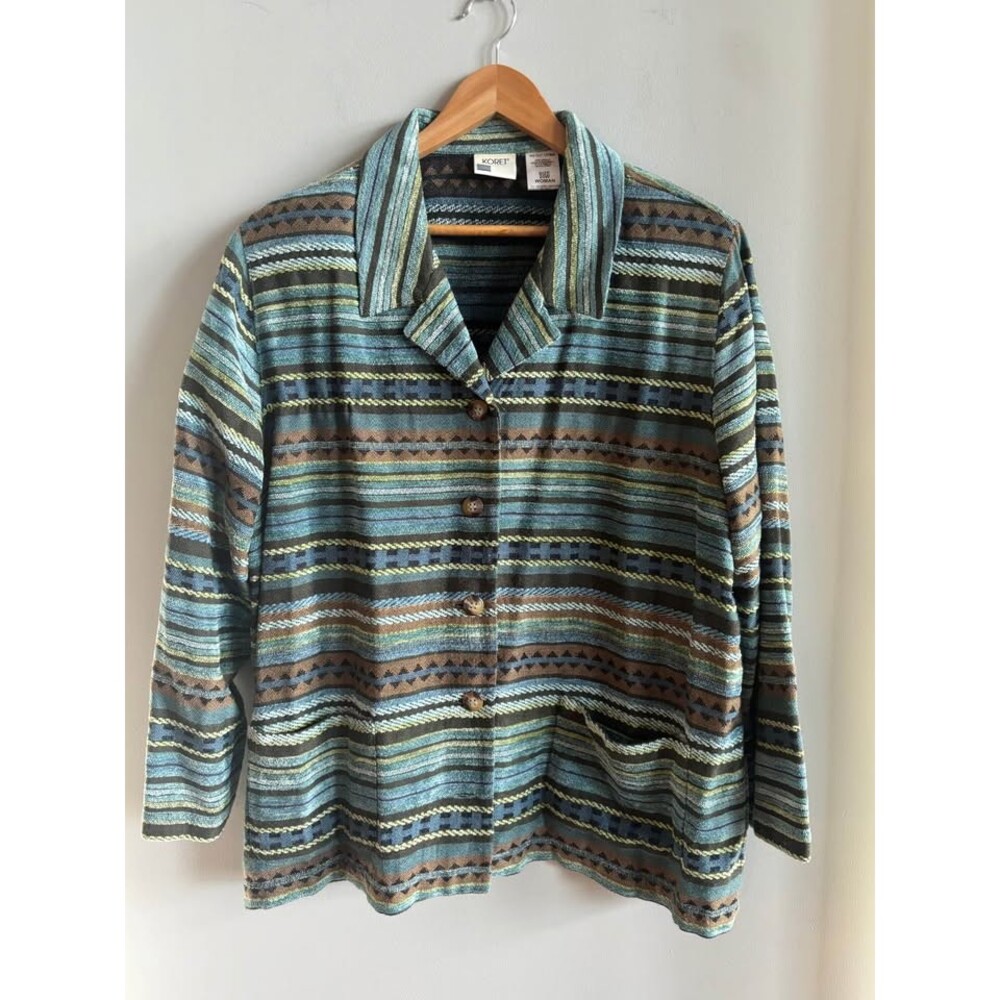 Vintage Koret Southwestern Tapestry Shirt Jacket Teal Blue Stripe Boho Size 20W